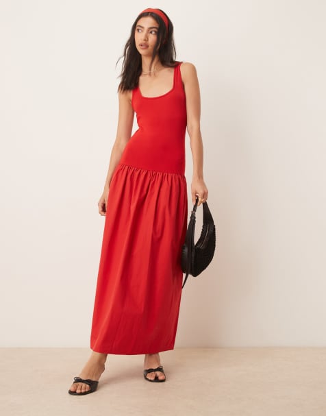 Vestido largo rojo con escote cuadrado de mezcla de popelina de ASOS DESIGN - view 1