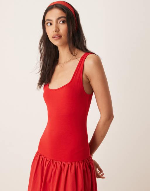 Vestido largo rojo con escote cuadrado de mezcla de popelina de ASOS DESIGN, 2 de 4