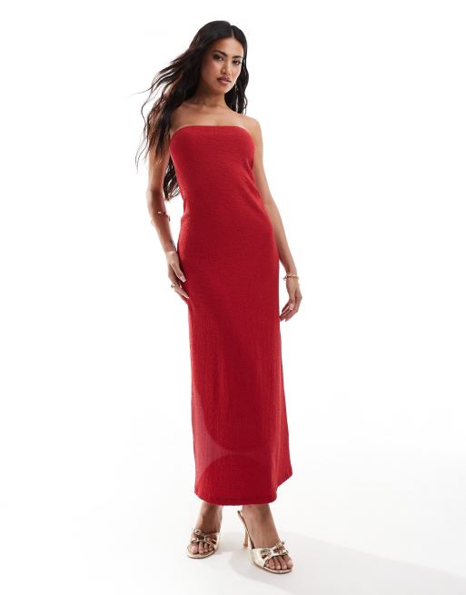 Vestido largo rojo con escote palabra de honor de tejido texturizado de ASOS DESIGN, 2 de 4