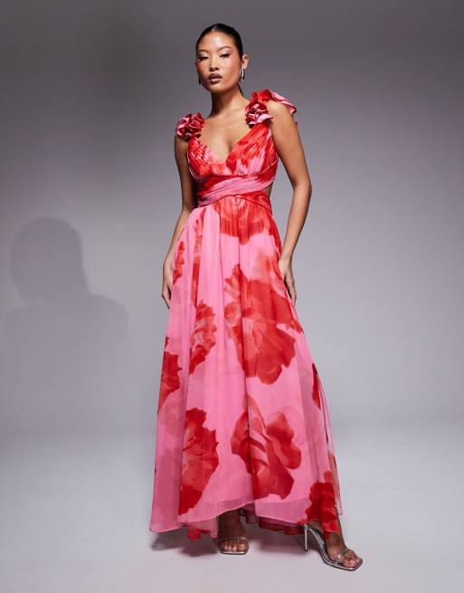 Vestido Rojo Estampado Flores Vestido Largo Rojo Con Estampado