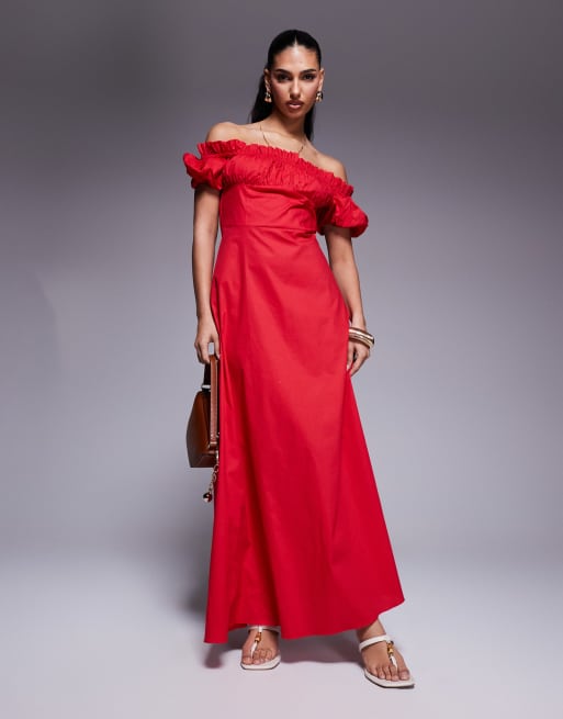 Vestido largo rojo con mangas abullonadas y escote Bardot de popelina exclusivo de Kaiia