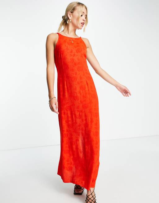 Vestido largo rojo con tirantes fruncidos de Topshop