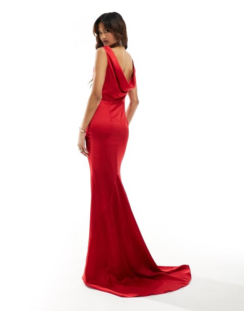 Vestido largo rojo de corte sirena con espalda desbocada de satén de Jarlo - view 1