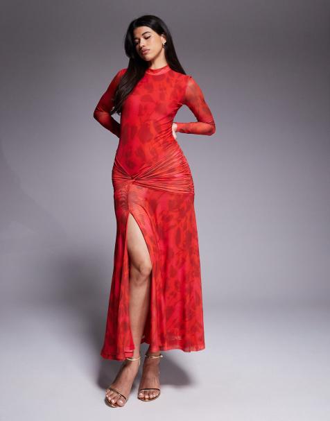 Vestido largo rojo de manga larga con estampado floral y cintura fruncida Lea de Bardot - view 1