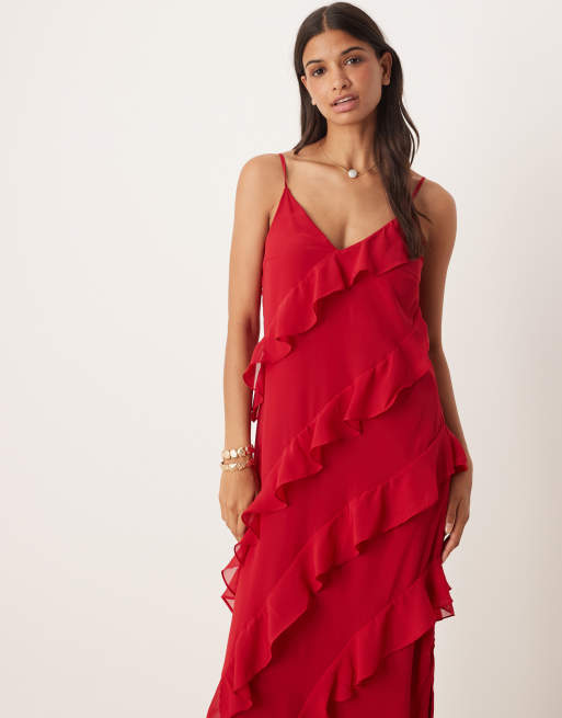 Vestido largo rojo de tirantes con volantes de Vila, 3 de 4