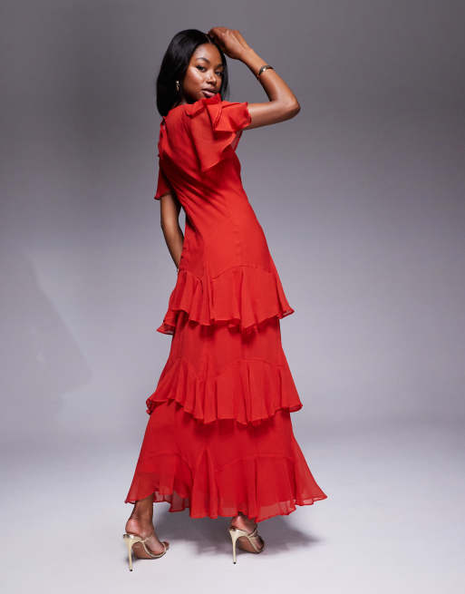 Vestido largo rojo empolvado con volantes de chifón de ASOS DESIGN, 2 de 4