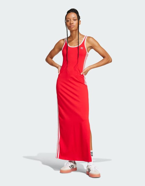 Vestido largo rojo escarlata y blanco de tirantes con detalle de 3 rayas adicolor de adidas Originals - view 1