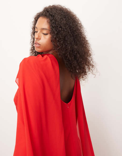 Vestido largo rojo estructurado de manga larga de crepé con capa superior de chifón de ARRANGE Curve, 2 de 4