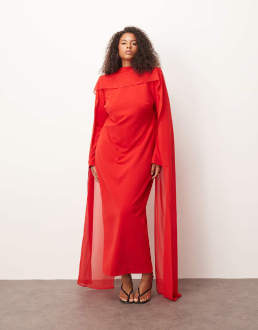 Vestido largo rojo estructurado de manga larga de crepé con capa superior de chifón de ARRANGE Curve, 3 de 4
