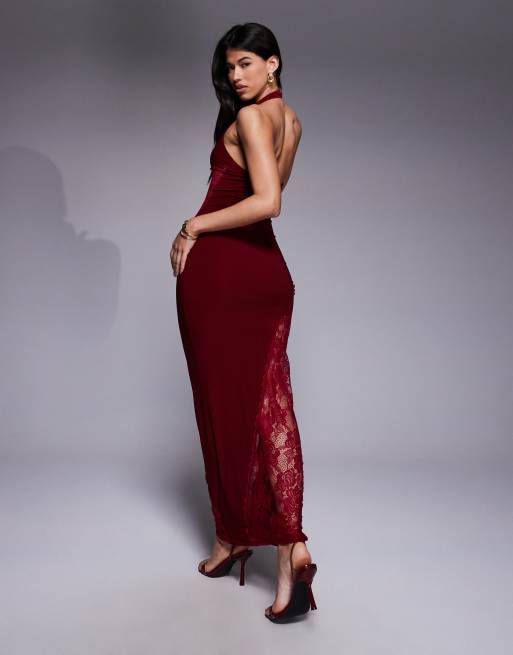 Vestido largo rojo guinda oscuro con cuello ancho e inserto de encaje de ASOS DESIGN, 4 de 4
