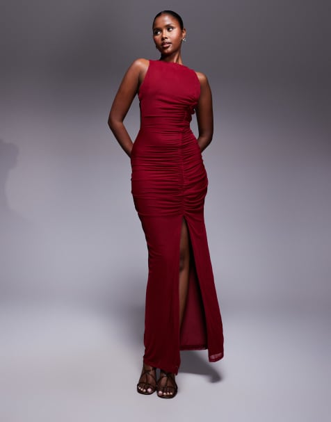 Vestido largo rojo guinda oscuro fruncido con diseño de tiras en la espalda de malla de ASOS DESIGN - view 1