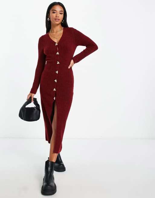 Vestido largo rojo oscuro abotonado de punto acanalado de ASOS DESIGN Petite, 2 de 4