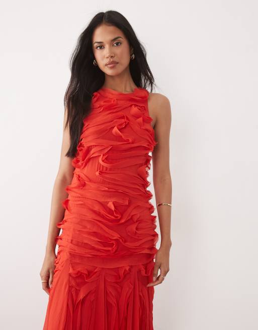 Vestido largo rojo sin mangas con detalles de volantes colgantes de ASOS DESIGN, 2 de 4