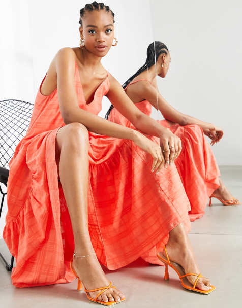Vestido largo rojo tomate a cuadros con tirantes y diseño escalonado de organza de ASOS Edition - view 1