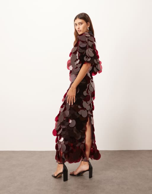  Vestido largo rojo vino con cuello subido de lentejuelas grandes de ARRANGE, 4 de 4