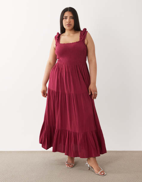 Vestido largo rojo vino escalonado con cuerpo fruncido de VILA Curve - view 1