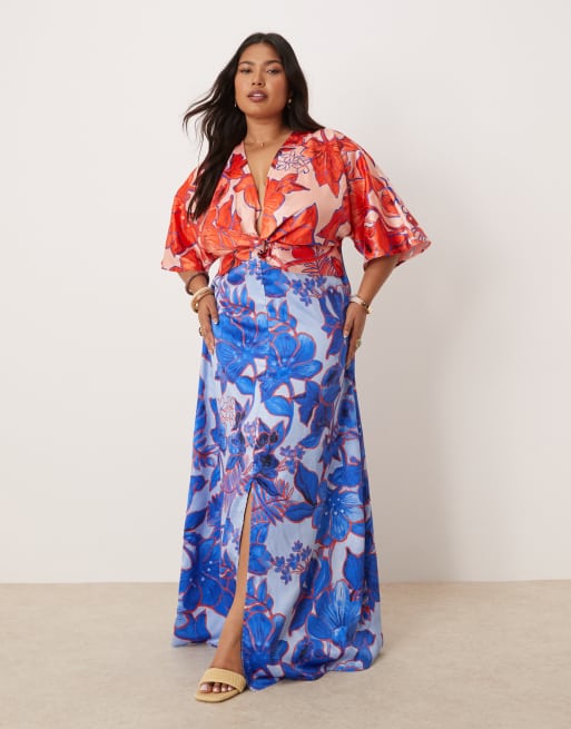 Vestido largo rojo y azul con estampado en contraste, detalle anudado en la parte delantera y diseño estilo kimono de Hope & Ivy Plus