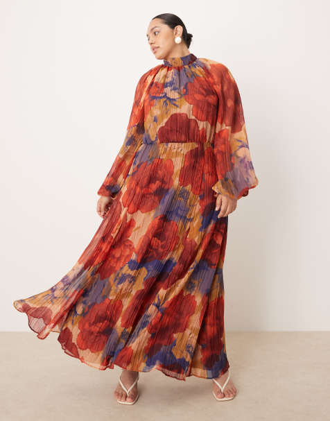 Vestido largo rojo y azul plisado con estampado floral, cuello alto y mangas estilo blusón de tejido efecto rugoso de ASOS DESIGN Curve - view 1
