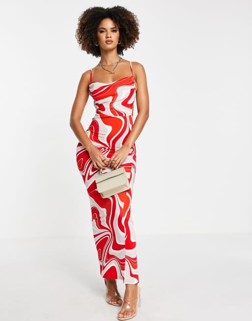 Vestido largo rojo y crema de tirantes con estampado de remolinos y cuello desbocado de ASOS DESIGN