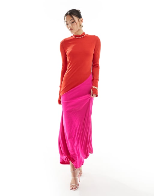 Vestido largo rojo y fucsia con cuello alto de Daska 