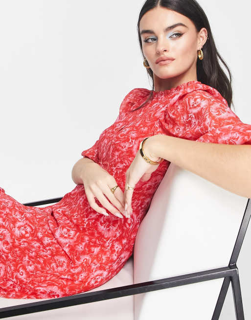 Vestido largo rojo y rosa amplio con estampado de peonías de Whistles, 3 de 4