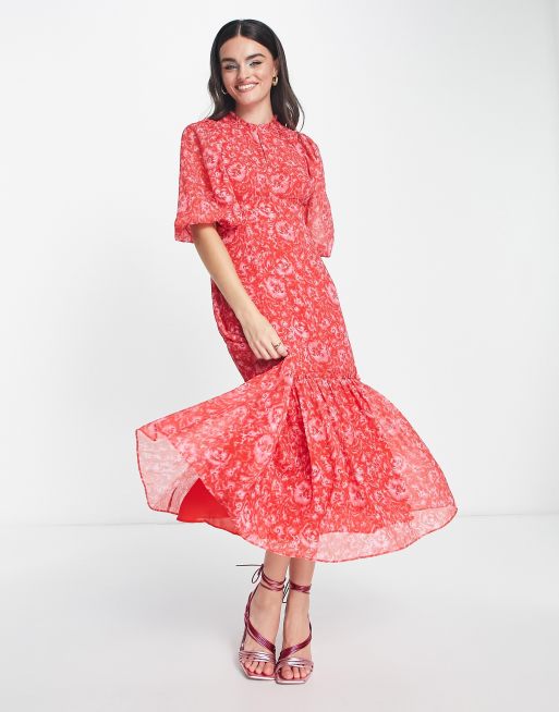 Vestido largo rojo y rosa amplio con estampado de peonías de Whistles, 4 de 4