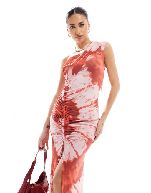 Vestido largo rojo y rosa asimétrico con estampado abstracto y cordón ajustable de ASOS DESIGN, 4 de 4