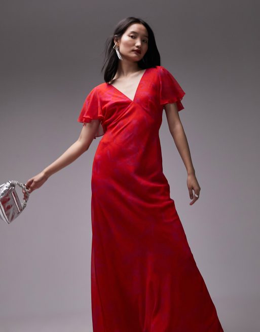  Vestido largo rojo y rosa para eventos con estampado floral, mangas fluidas y detalle en la espalda de Topshop