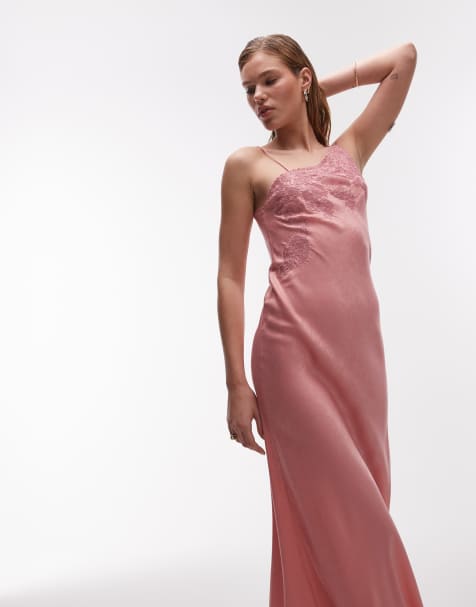 Vestido largo rosa asimétrico con detalle de encaje calado de Topshop - view 1