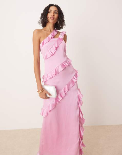 Vestido largo rosa asimétrico con volantes de Pretty Lavish - view 1