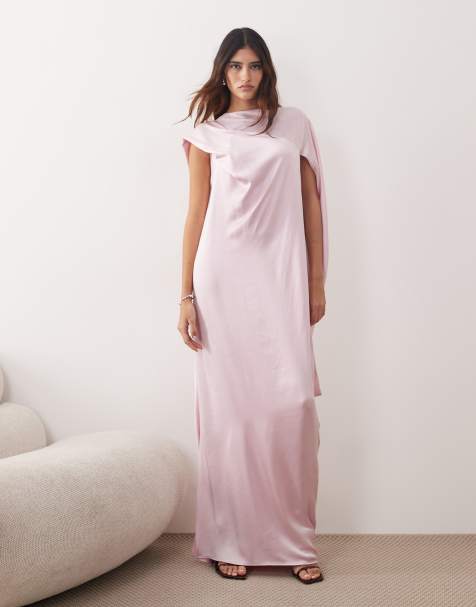 Vestido largo rosa claro con cuello desbocado y detalle de fular colgante de satén de ARRANGE - view 1