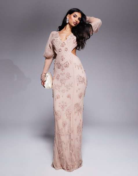 Vestido largo rosa claro con mangas abullonadas y abalorios de gemas de ASOS LUXE - view 1