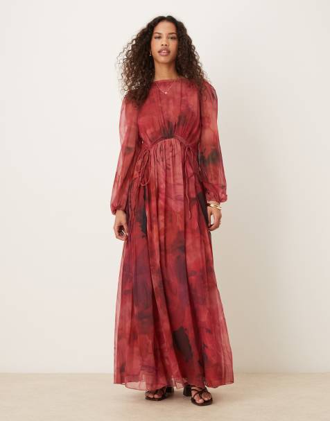 Vestido largo rosa con estampado abstracto y detalles de cordón ajustable de plumeti de ASOS DESIGN - view 1