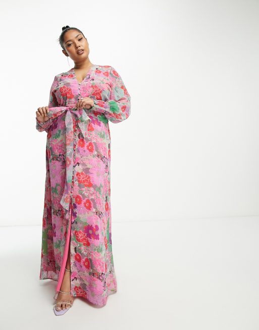 Vestido largo rosa con estampado floral, abertura y lazada delantera de Hope & Ivy Plus