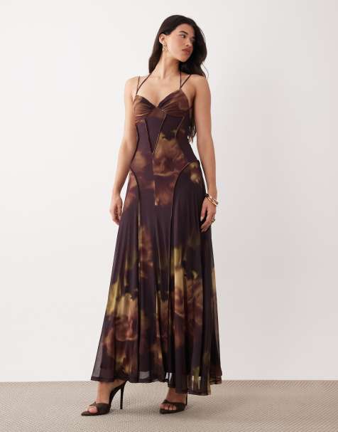Vestido largo rosa con estampado floral oscuro y detalle de costuras a la vista de malla de ASOS DESIGN - view 1