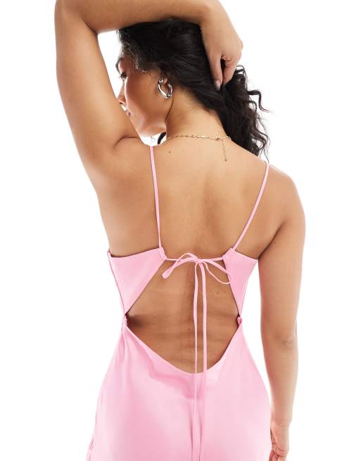 Vestido largo rosa con lazada en la espalda de satén de ASOS DESIGN, 3 de 4