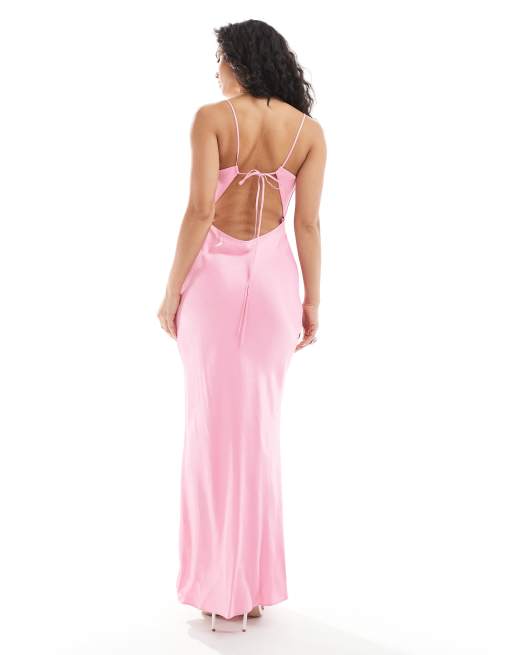 Vestido largo rosa con lazada en la espalda de satén de ASOS DESIGN, 4 de 4