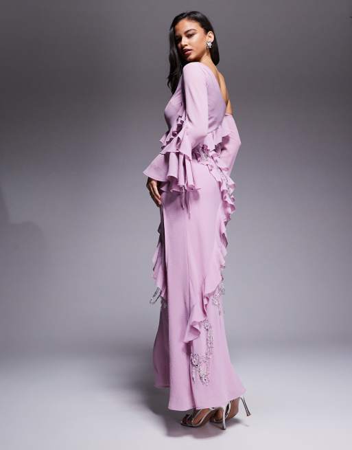 Vestido largo rosa con mangas asimétricas, bordes sin rematar, abalorios y volantes de ASOS DESIGN, 4 de 4