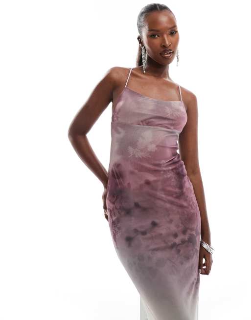 Vestido largo rosa de tirantes con estampado y espalda cruzada de malla de ASOS DESIGN, 4 de 4