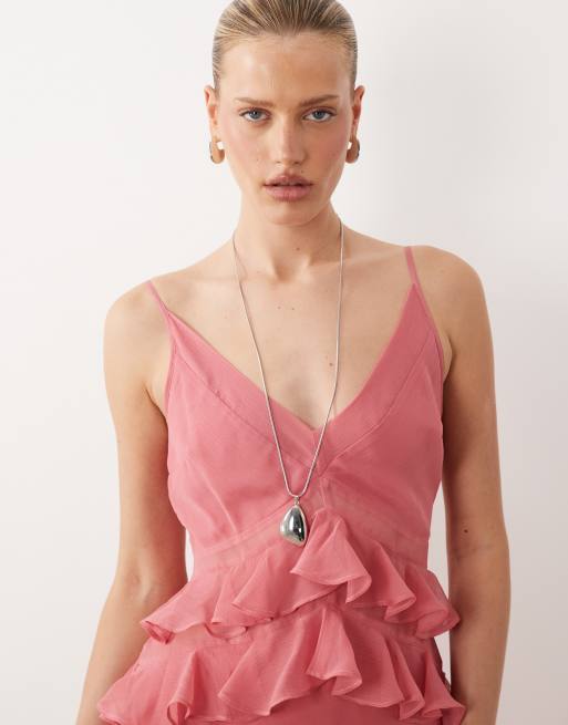 Vestido largo rosa de tirantes de corte recto con volantes de ASOS DESIGN, 2 de 4