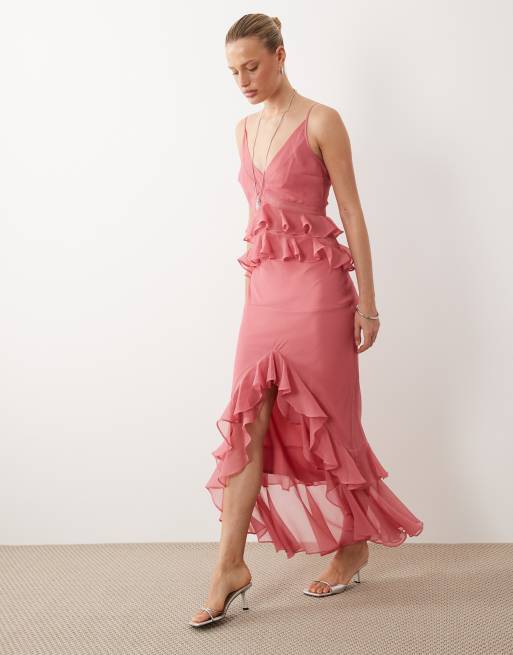 Vestido largo rosa de tirantes de corte recto con volantes de ASOS DESIGN, 3 de 4