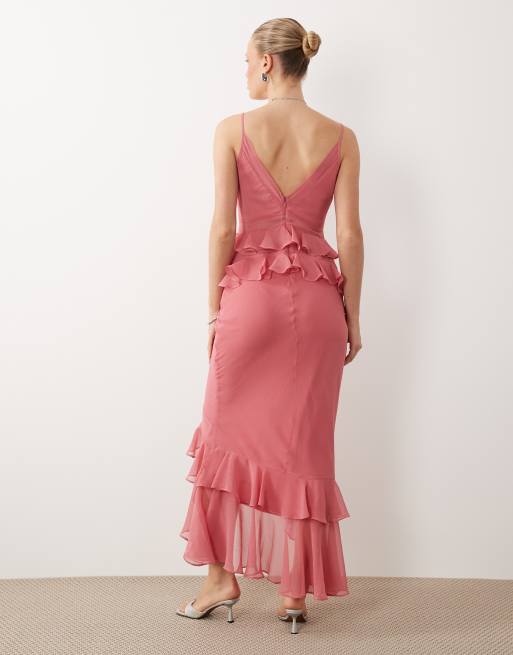 Vestido largo rosa de tirantes de corte recto con volantes de ASOS DESIGN, 4 de 4