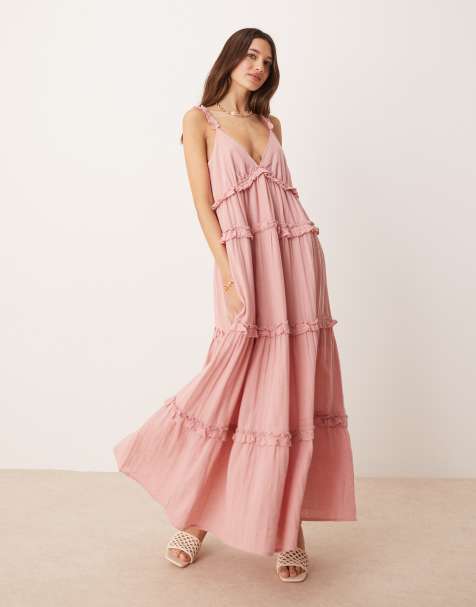 Vestido largo rosa empolvado de tirantes con detalle de volantes escalonados de YAS - view 1