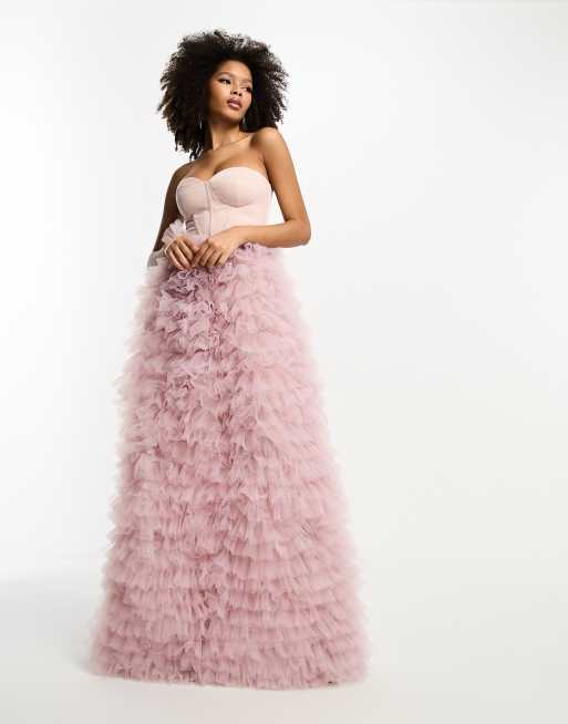 Vestido largo rosa empolvado palabra de honor con detalle de cors de sat n y volantes de malla premium de ASOS DESIGN