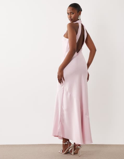 Vestido largo rosa flor de cerezo con cuello halter y espalda al aire de satén de VILA - view 1