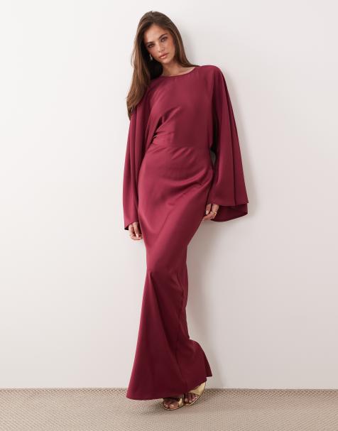 Vestido largo rosa frambuesa de corte al bies con mangas murciélago y cintura ceñida de satén texturizado de ASOS DESIGN - view 1