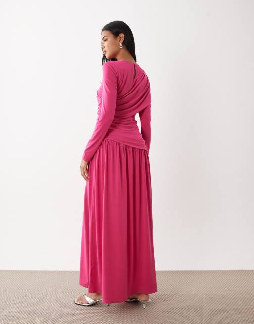 Vestido largo rosa fucsia cruzado de manga larga de Daska, 3 de 4