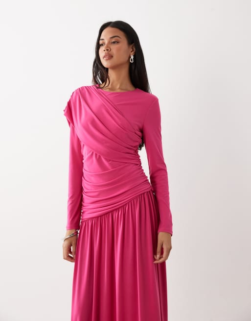 Vestido largo rosa fucsia cruzado de manga larga de Daska, 4 de 4