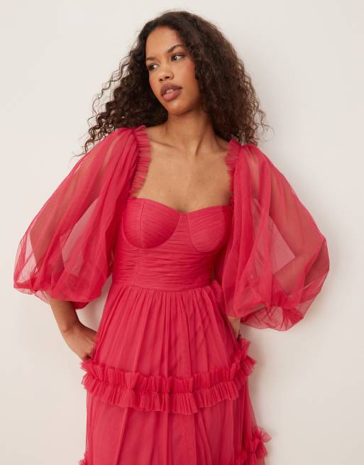 Vestido largo rosa fucsia luminoso con mangas globo, cuerpo estilo corsé y volantes de Lace & Beads