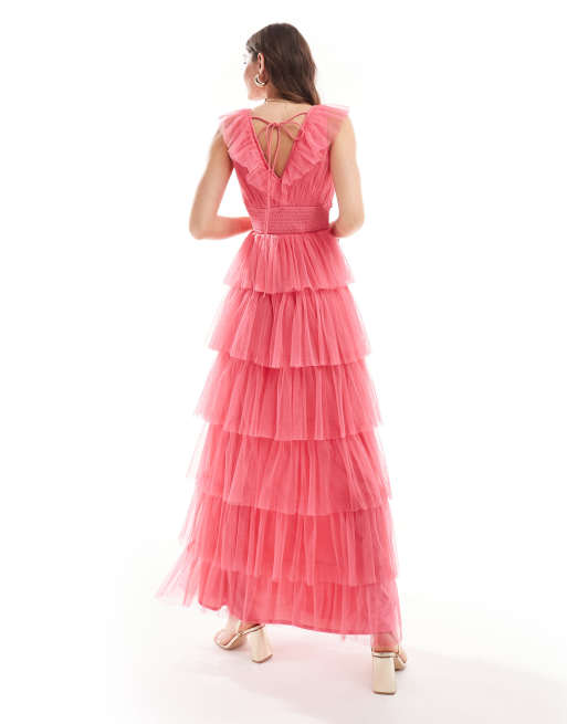 Vestido largo rosa intenso escalonado con volantes de Anaya, 4 de 4